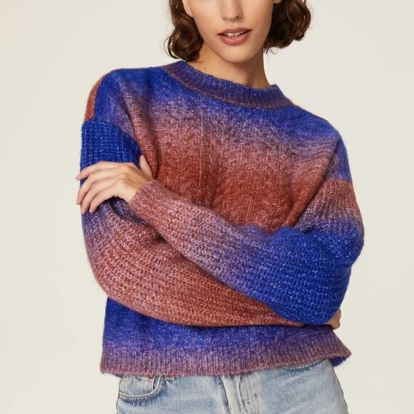 Louna Sweater Ombre Cable Knit Crew Neck Long Sleeve Pullover Top Blue Brown L - Picture 1 of 11